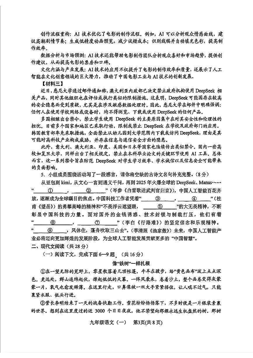河南省南阳市2026年九年级中考一模语文试卷及答案第3页