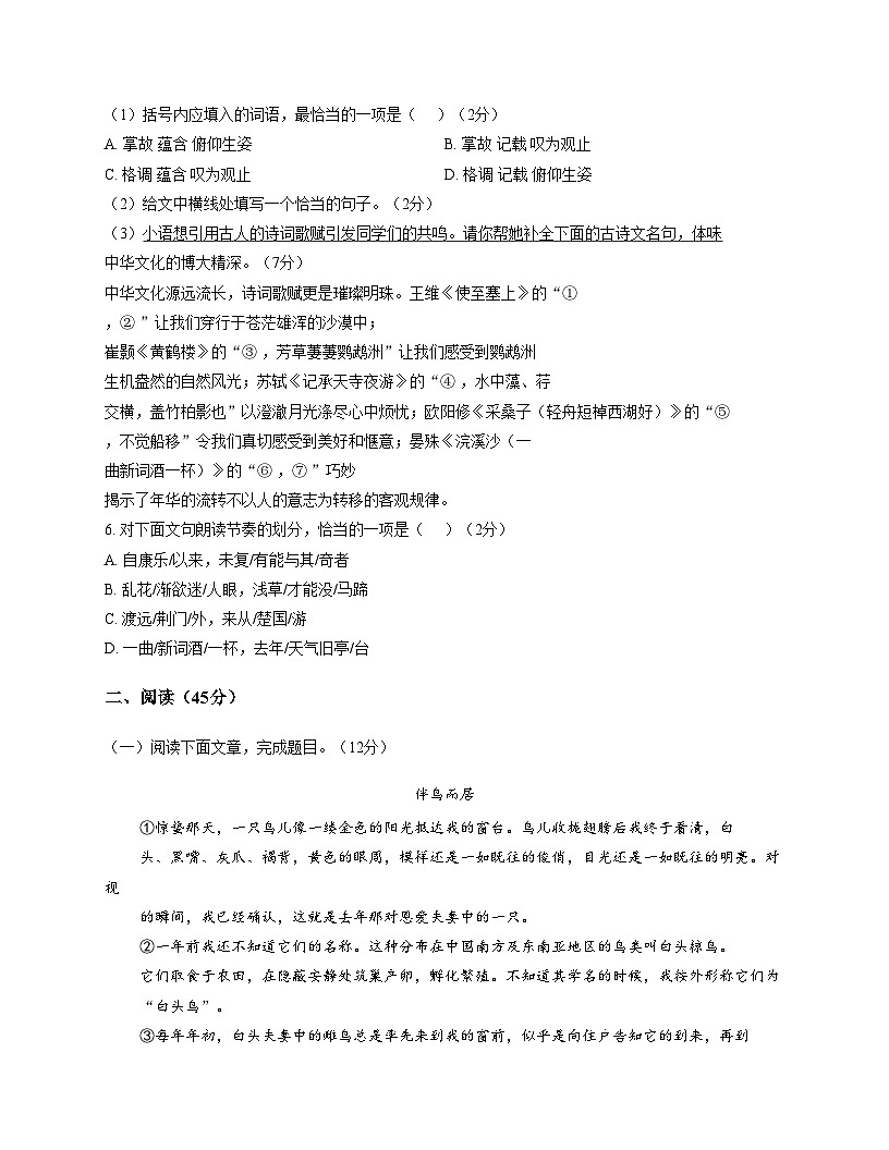 甘肃省定西市通渭县2025_2026学年八年级上学期12月月考语文试卷（文字版，含答案）第3页