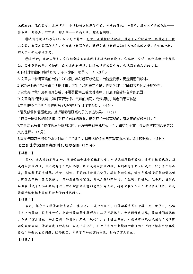 安徽阜阳临泉县城关街道张营文坛九年制学校2025-2026学年九年级上学期期末测试语文试题含答案第3页