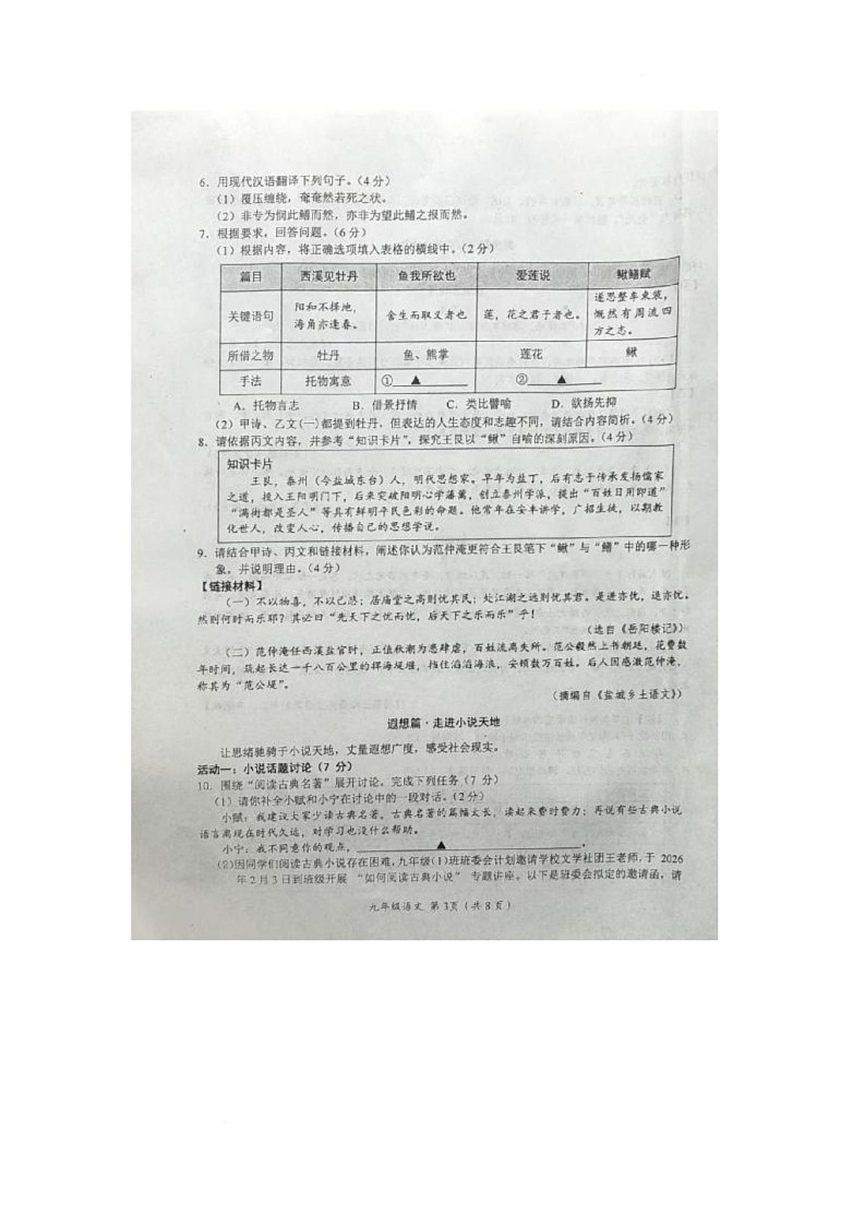 江苏盐城市阜宁县2025-2026学年上学期九年级期末学情调研语文试题第3页