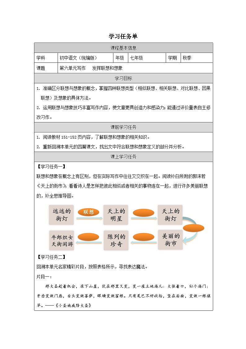 第六单元 写作 发挥联想和想象 学习任务单-2025-2026学年七年级语文上册（统编版）第1页