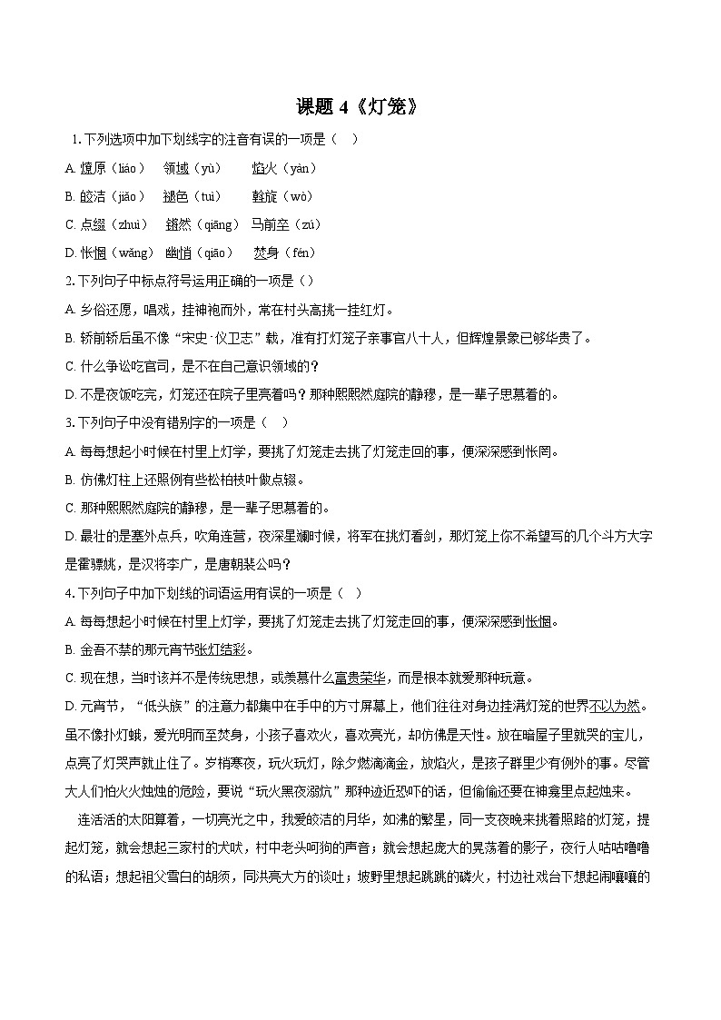 第4课《灯笼》同步练习-2025—2026学年统编版语文八年级下册 （含答案+解析）第1页