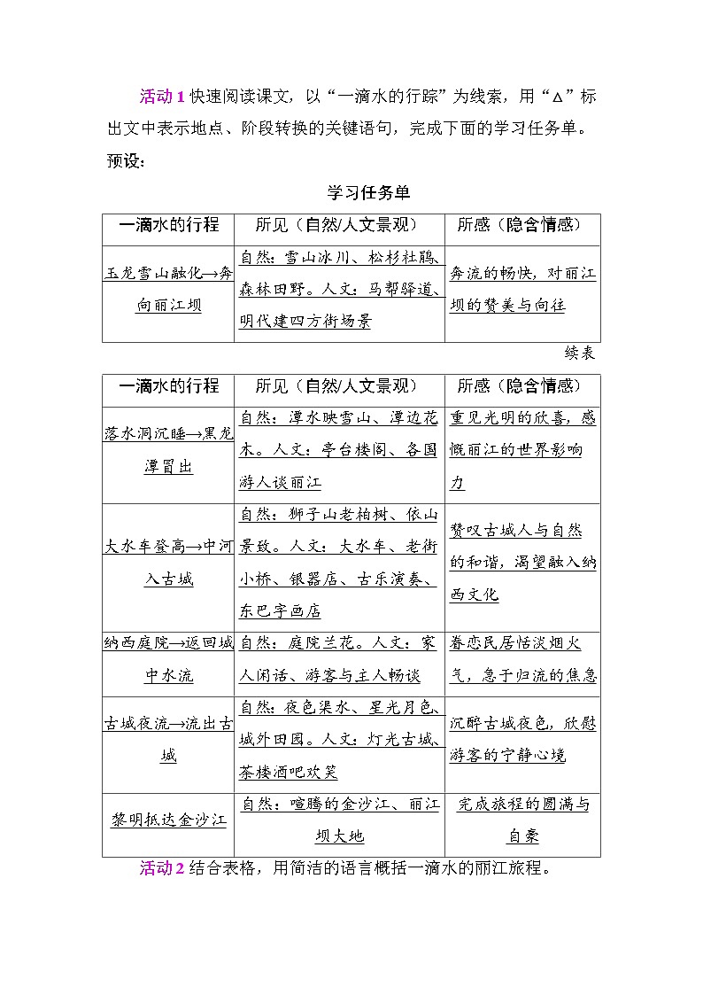 20一滴水经过丽江 教学设计2025-2026学年度统编版语文八年级下册第3页