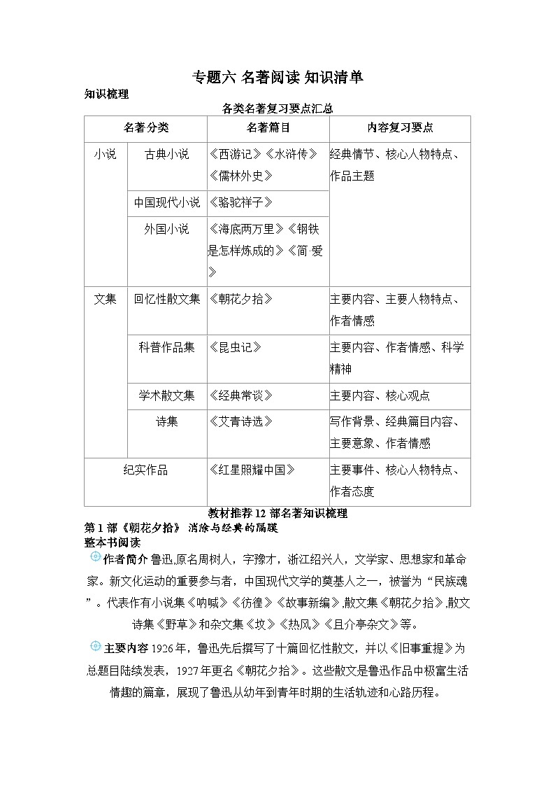 专题六 名著阅读 知识清单-2026年中考语文一轮复习(北京专用）第1页