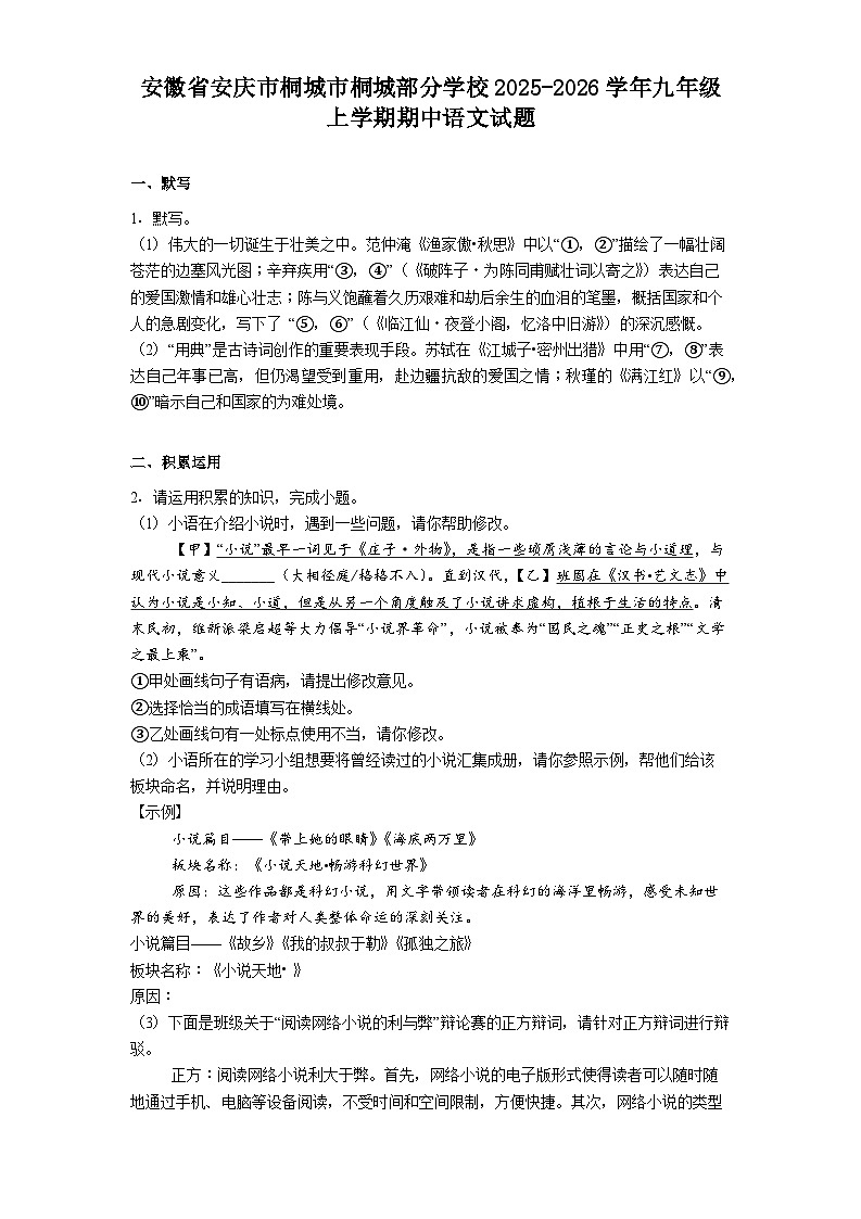 安徽省安庆市桐城市桐城部分学校2025-2026学年九年级上学期期中语文试题（含答案）第1页