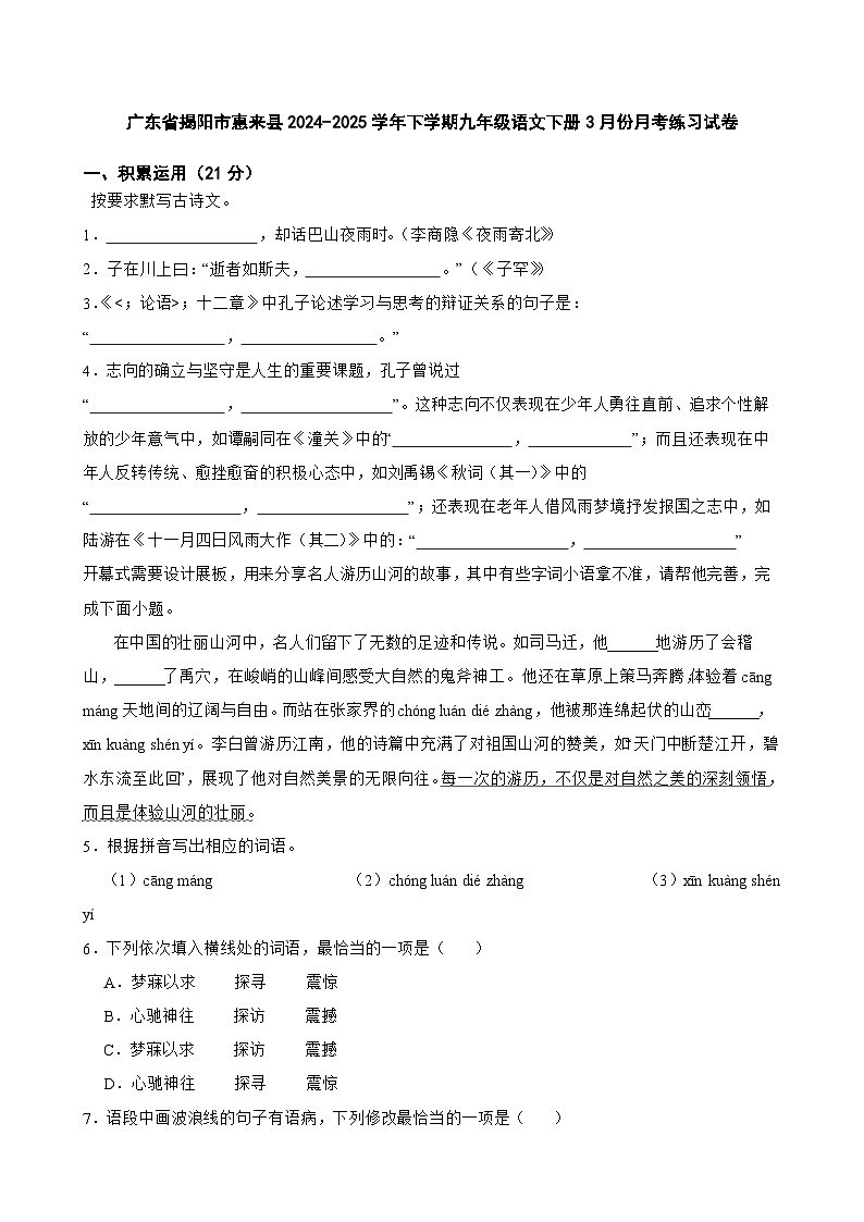 广东省揭阳市惠来县2024-2025学年下学期九年级语文下册3月份月考练习试卷第1页
