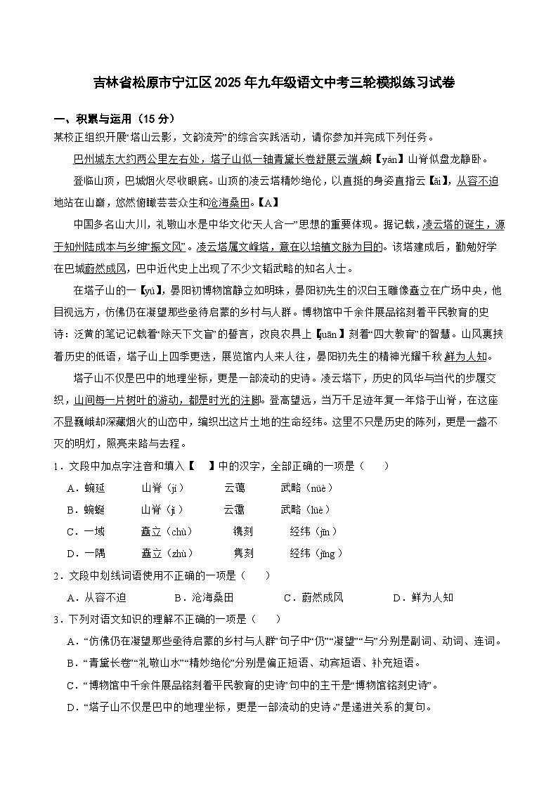 吉林省松原市宁江区2025年九年级语文中考三轮模拟练习试卷第1页