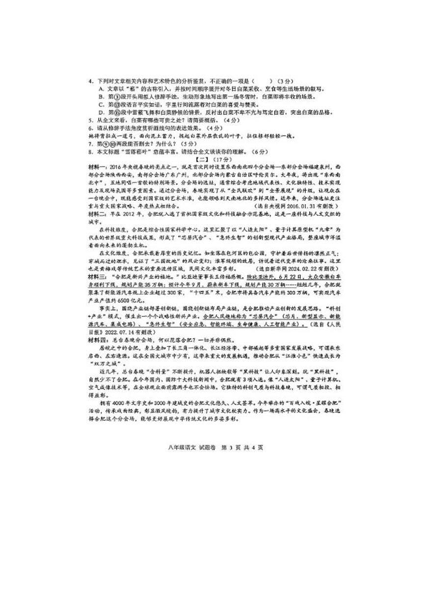 2025-2026学年安徽省合肥市第四十六中学九年级上学期期末考语文试卷（含答案）第3页