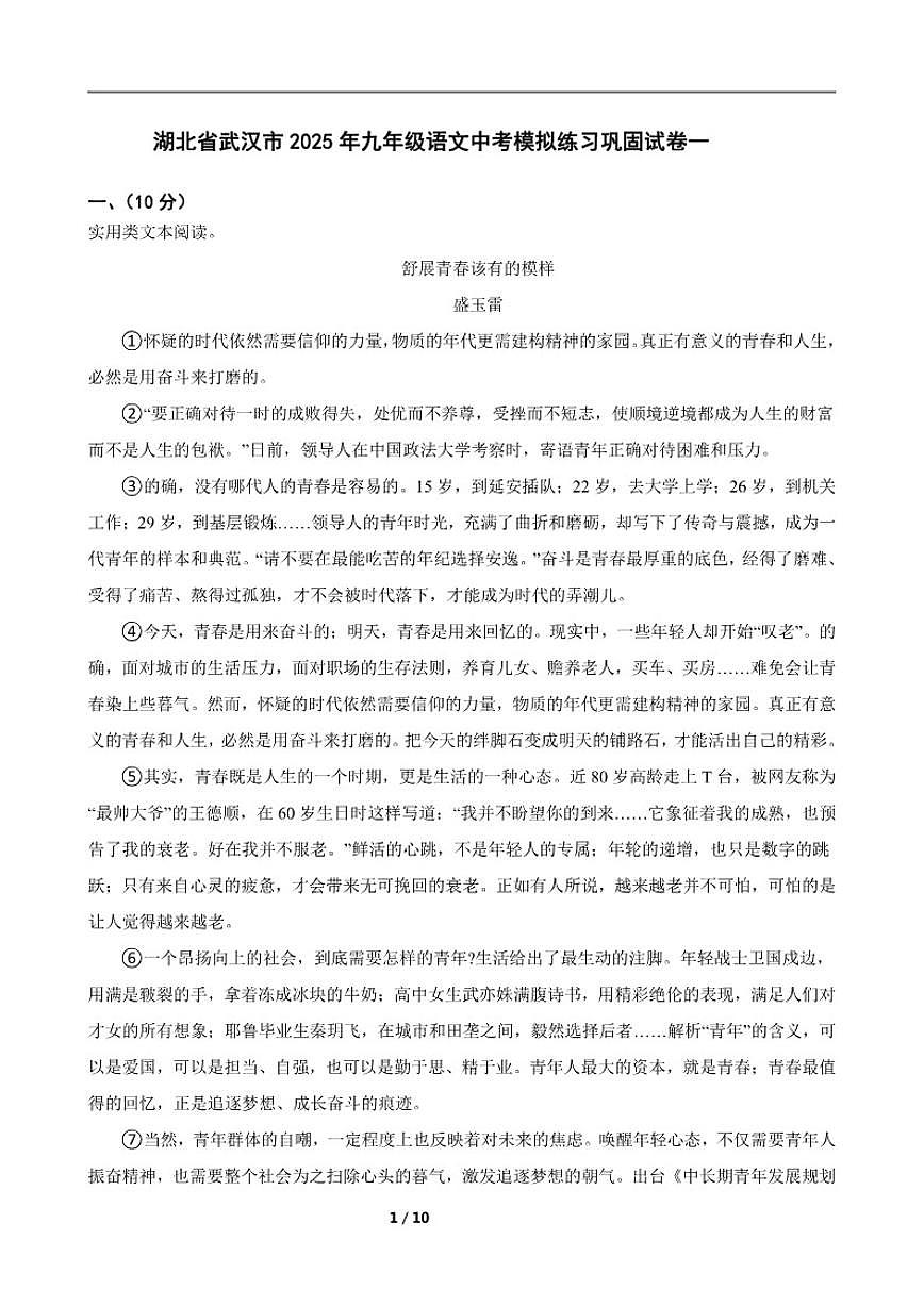 湖北省武汉市2025年九年级语文中考模拟练习巩固一试卷（含答案）第1页