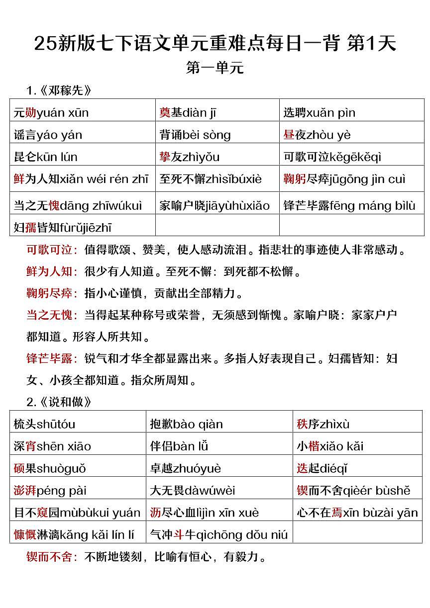 2024版人教版七年级下册语文期末重难点知识点每日一背（1-2单元）第2页