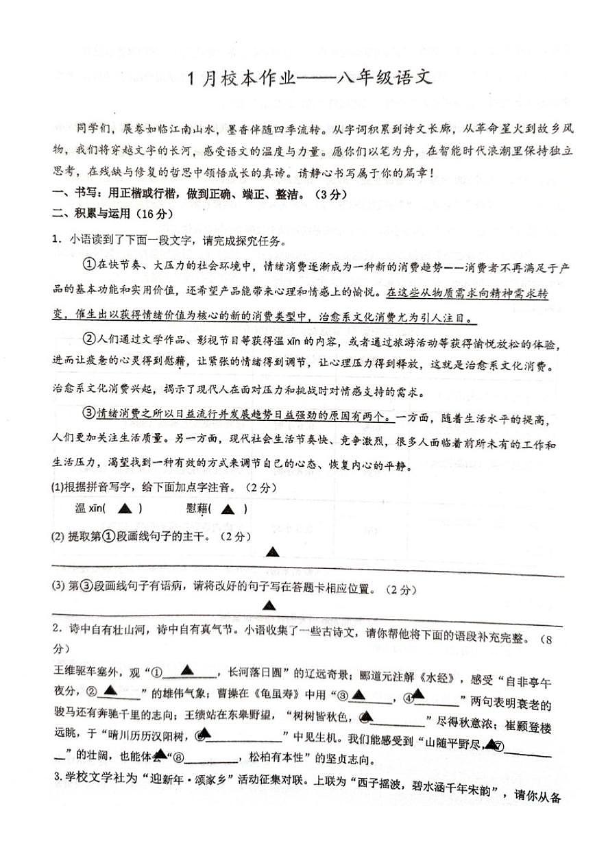 2025-2026学年浙江省金华义乌市宾王中学八年级上学期1月月考语文(图片版，无答案）试卷第1页