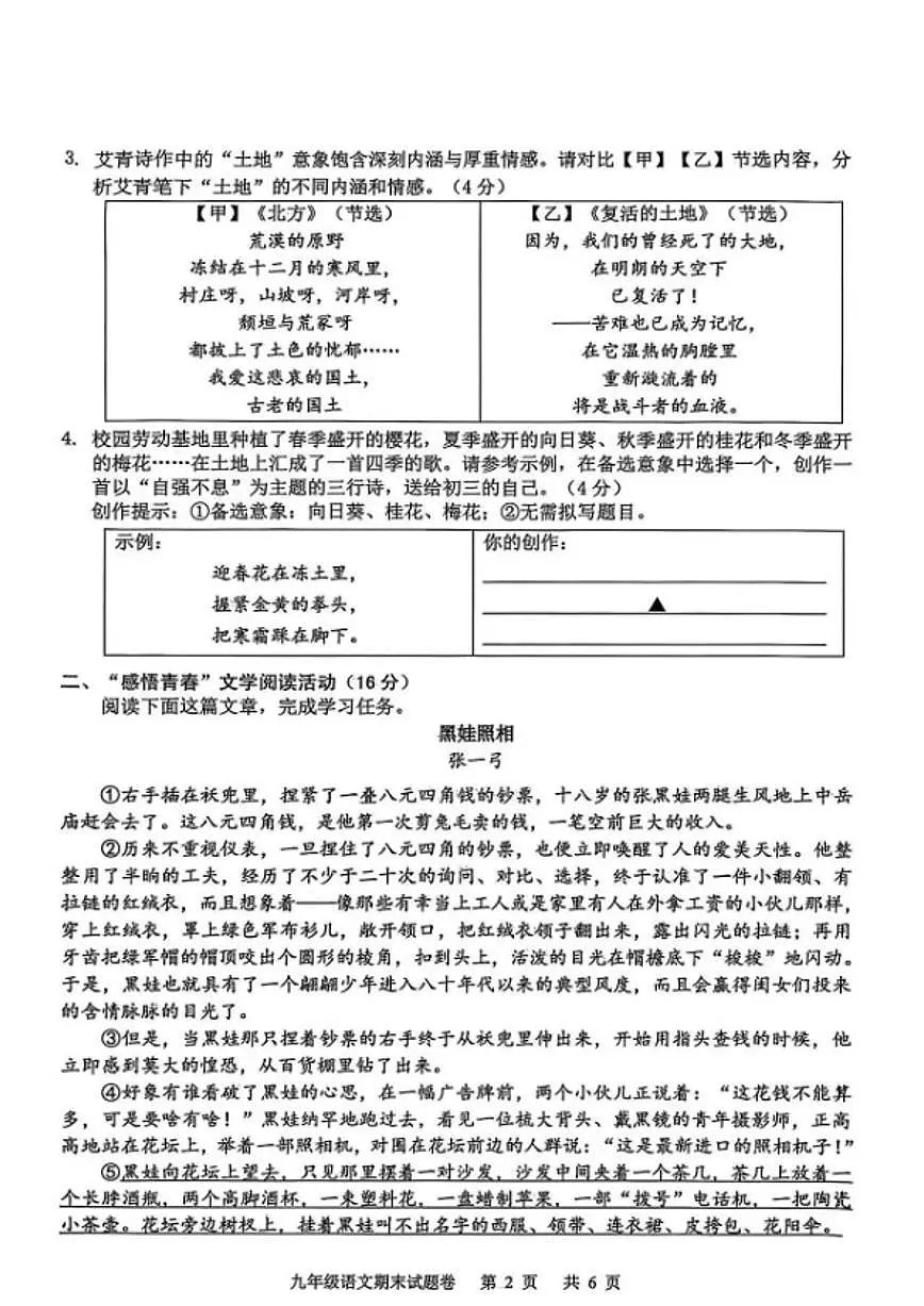 2025-2026学年第一学期浙江省永康市九年级期末语文_(无答案_)试卷第2页