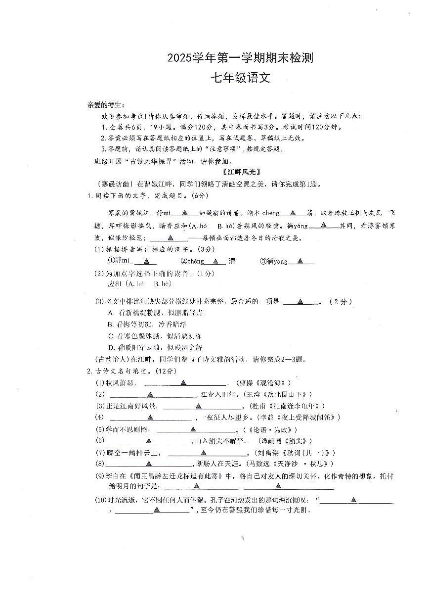 2025-2026学年浙江省绍兴市嵊州市三界片第一学期七年级语文期末测试（无答案）第1页