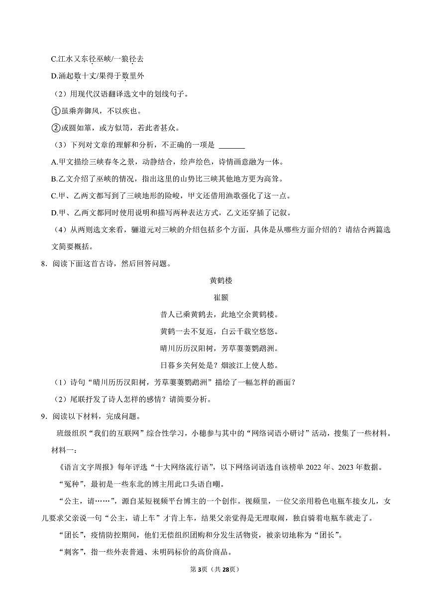 广东省广州市2024-2025学年八年级下学期开学适应性模拟考试语文练习卷含答案第3页