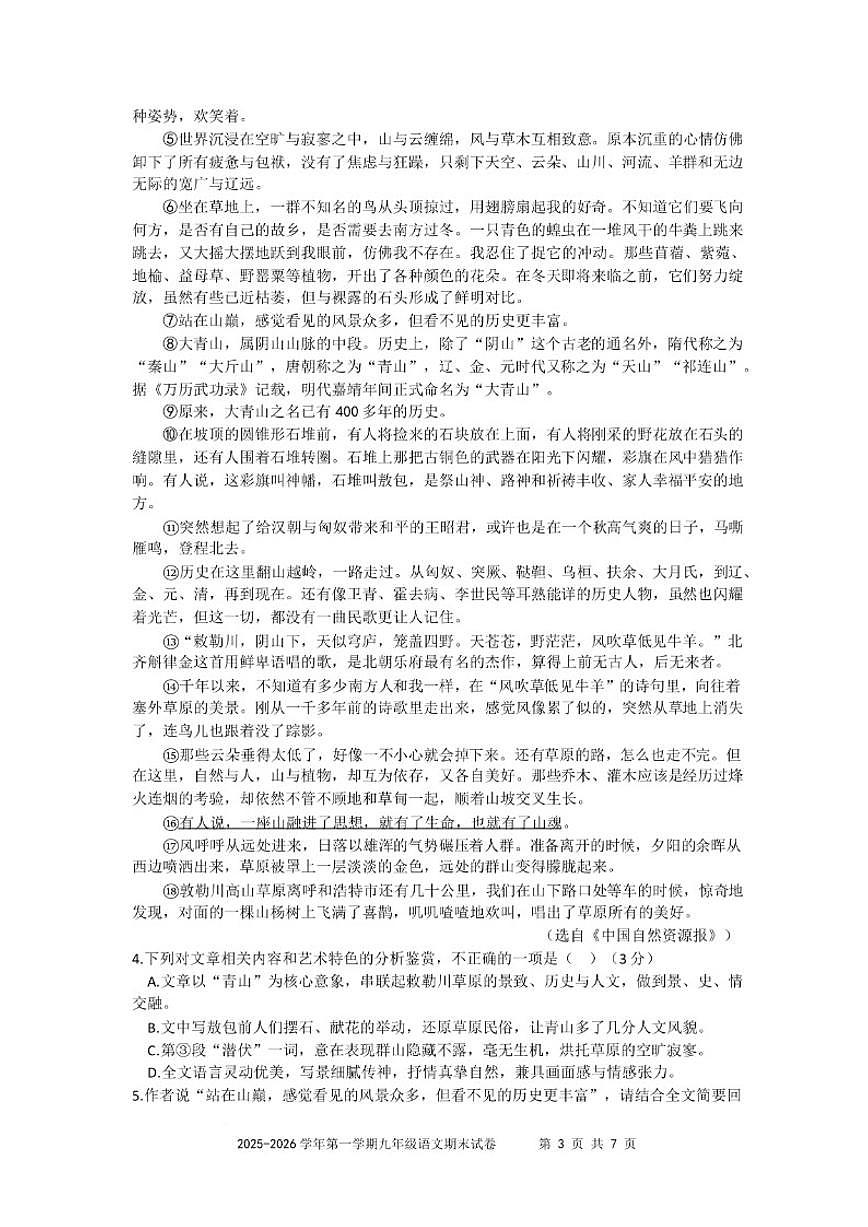2025-2026学年安徽淮北市濉溪县临涣镇度第一学期九年级期末考试语文试卷（含答案）第3页