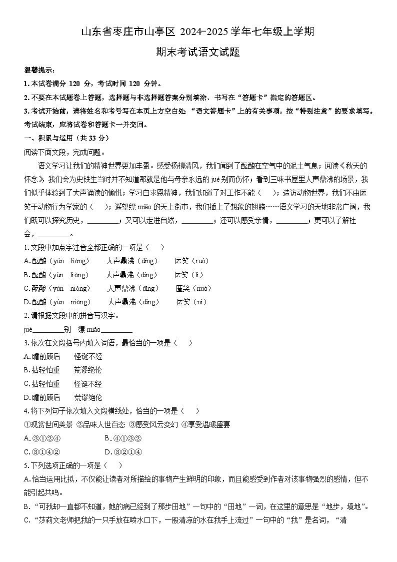2024-2025学年山东省枣庄市山亭区七年级上学期期末考试语文试卷（学生版）第1页