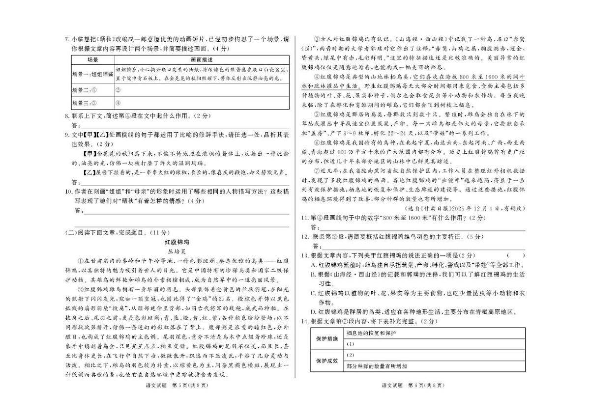 2025-2026学年甘肃省临夏回族自治州八年级上学期1月期末考试语文（含答案）试卷第3页