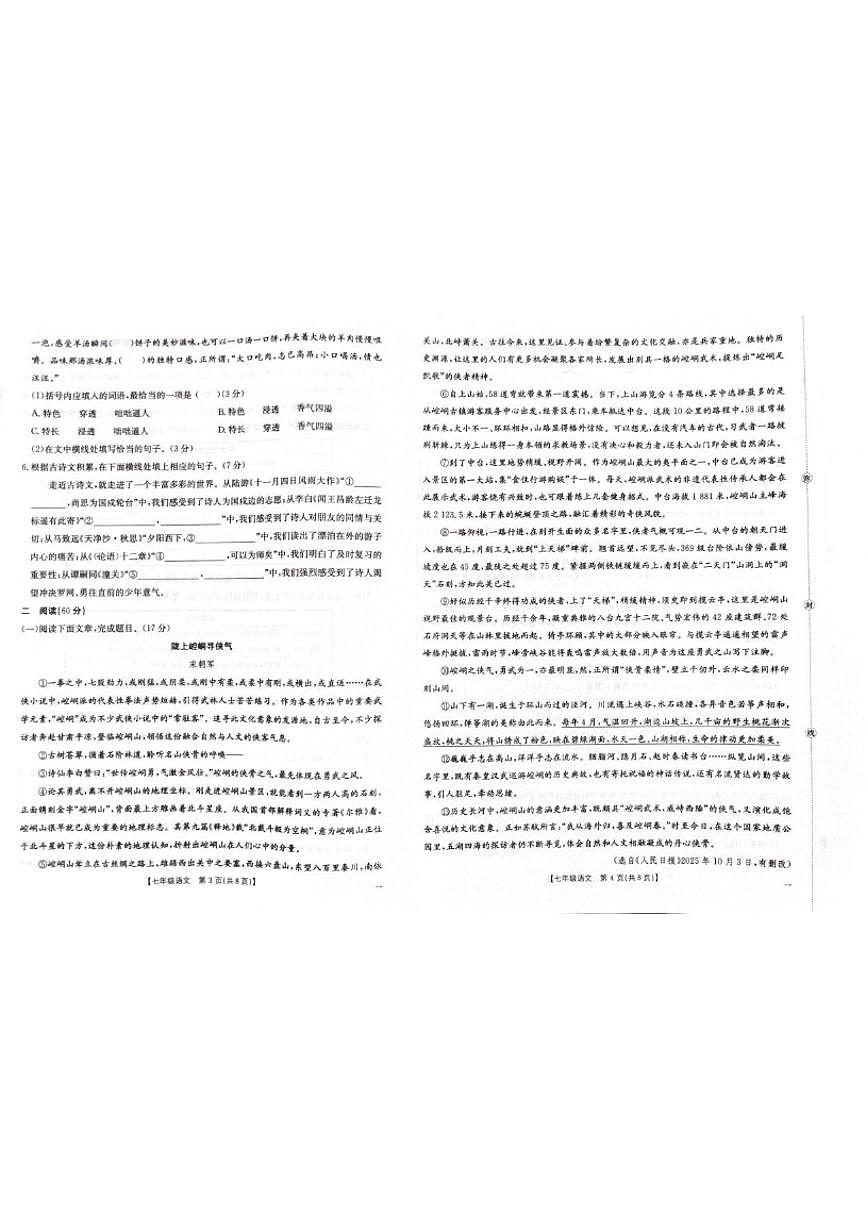 2025-2026学年甘肃省定西市岷县七年级上学期期末语文（含答案）试卷第2页
