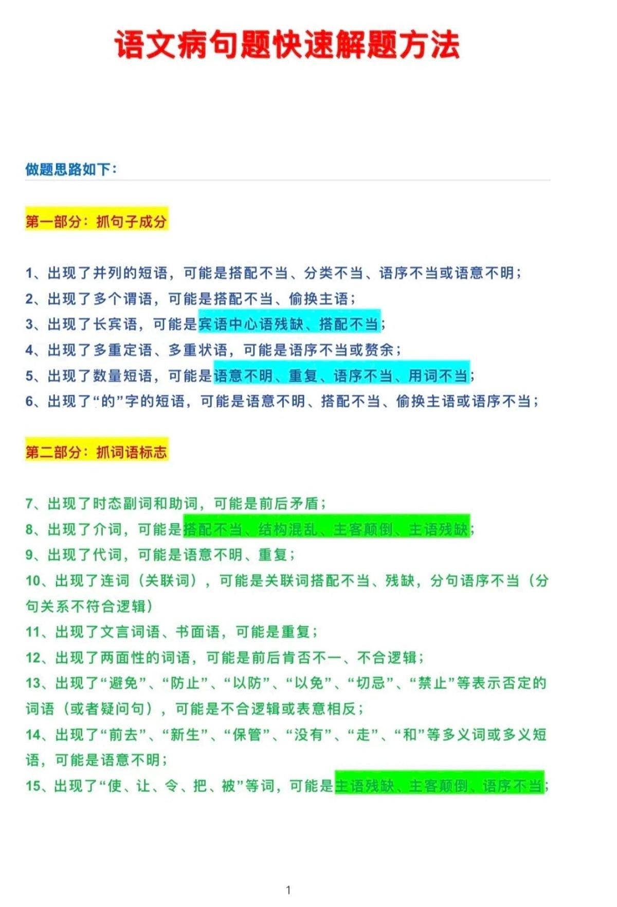 中考语文第一轮复习语文病句题快速解题方法知识点第1页