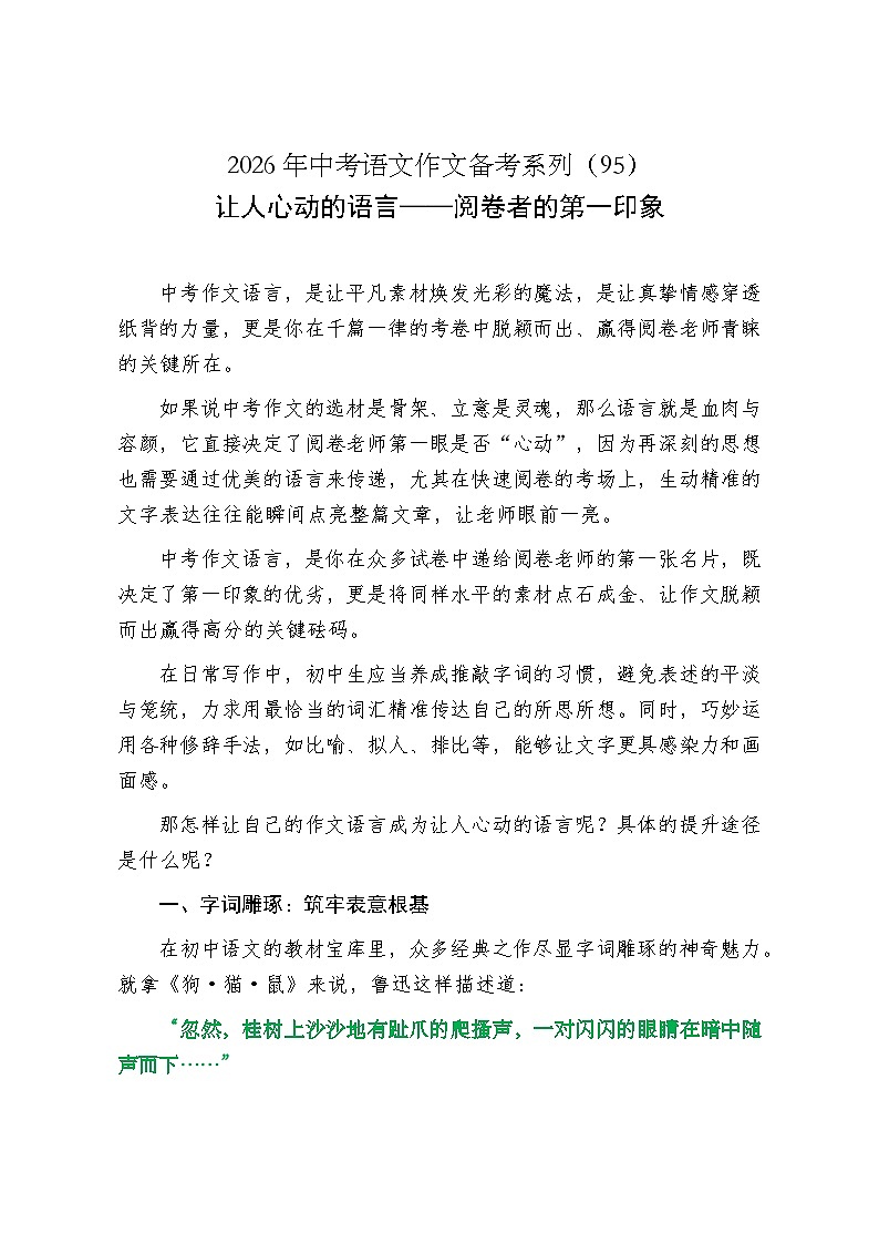 让人心动的语言——阅卷者的第一印象-2026年中考语文一轮复习作文复习讲练（全国通用）第1页