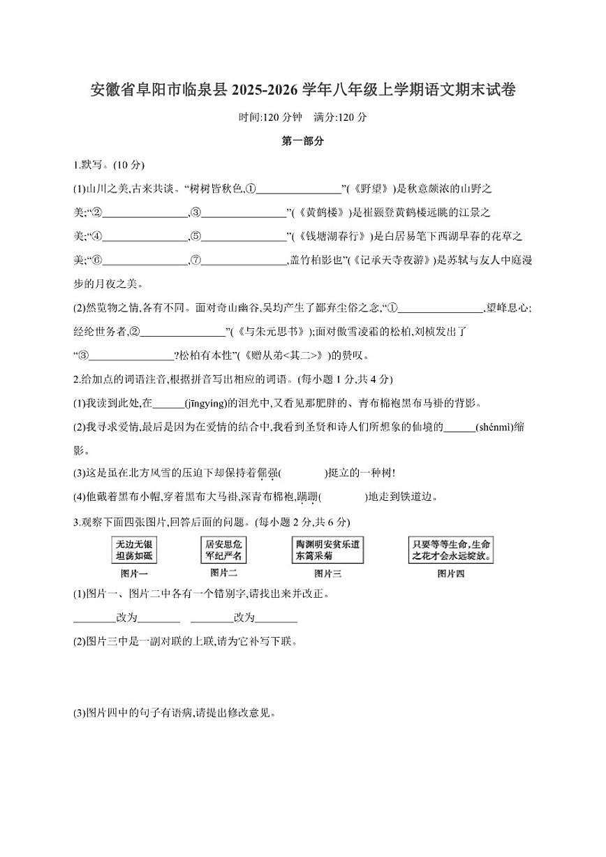 2025-2026学年安徽省阜阳市临泉县八年级上学期语文期末试卷（含答案）第1页