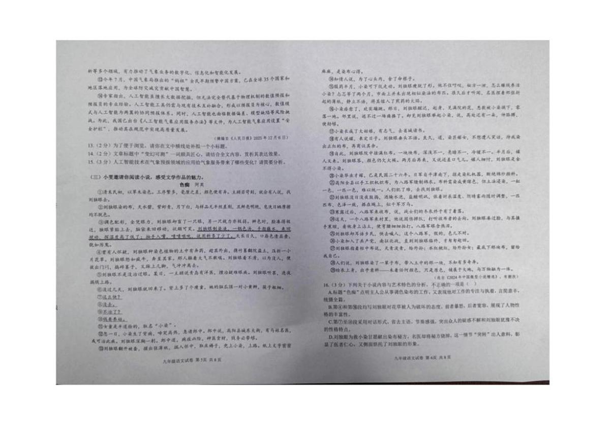 2026届湖北省潜江市九年级上学期1月期末考试语文试卷（含答案）第3页