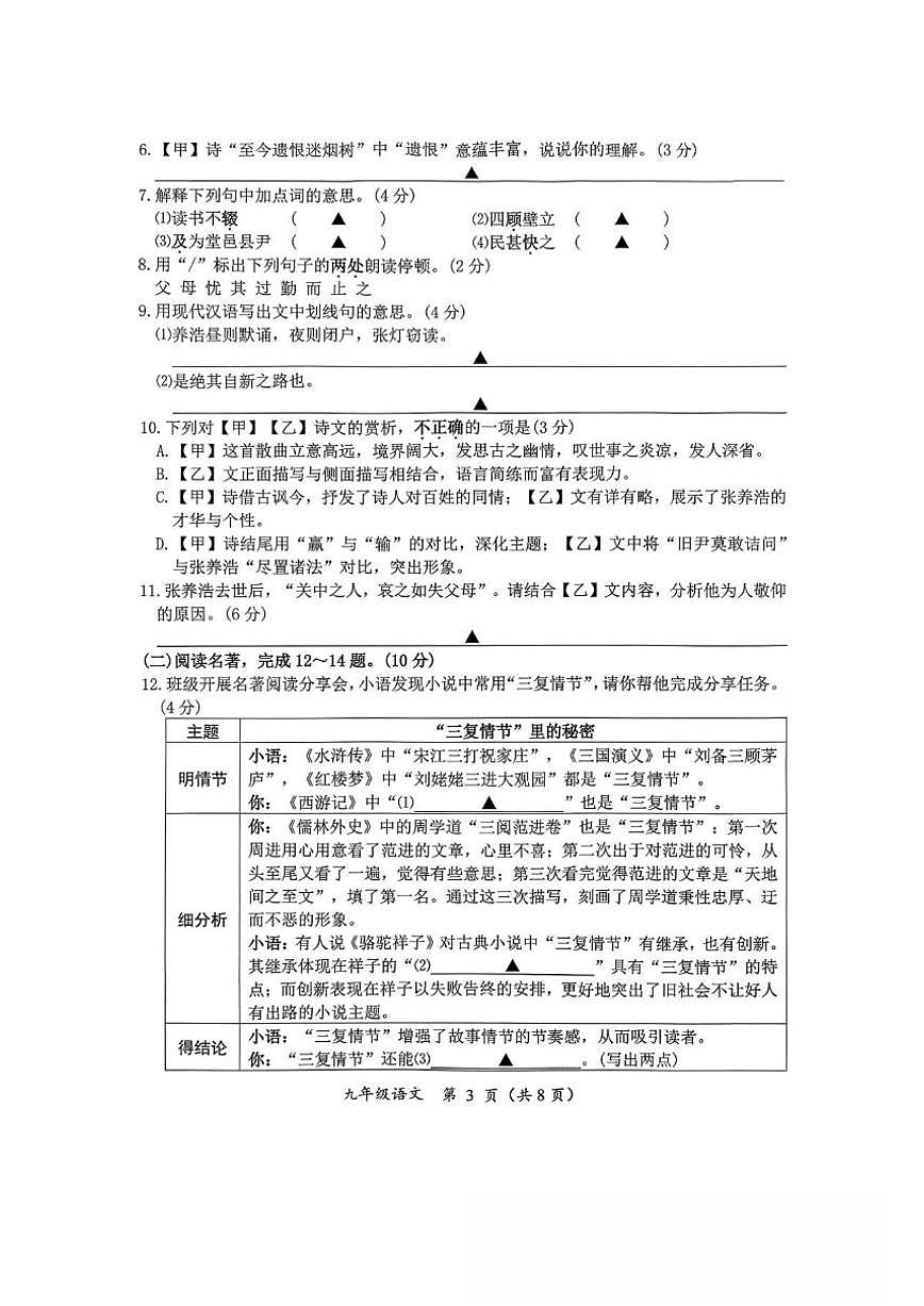 2026届江苏省泰州市泰兴市九年级上学期期末考试语文试卷（含答案）第3页