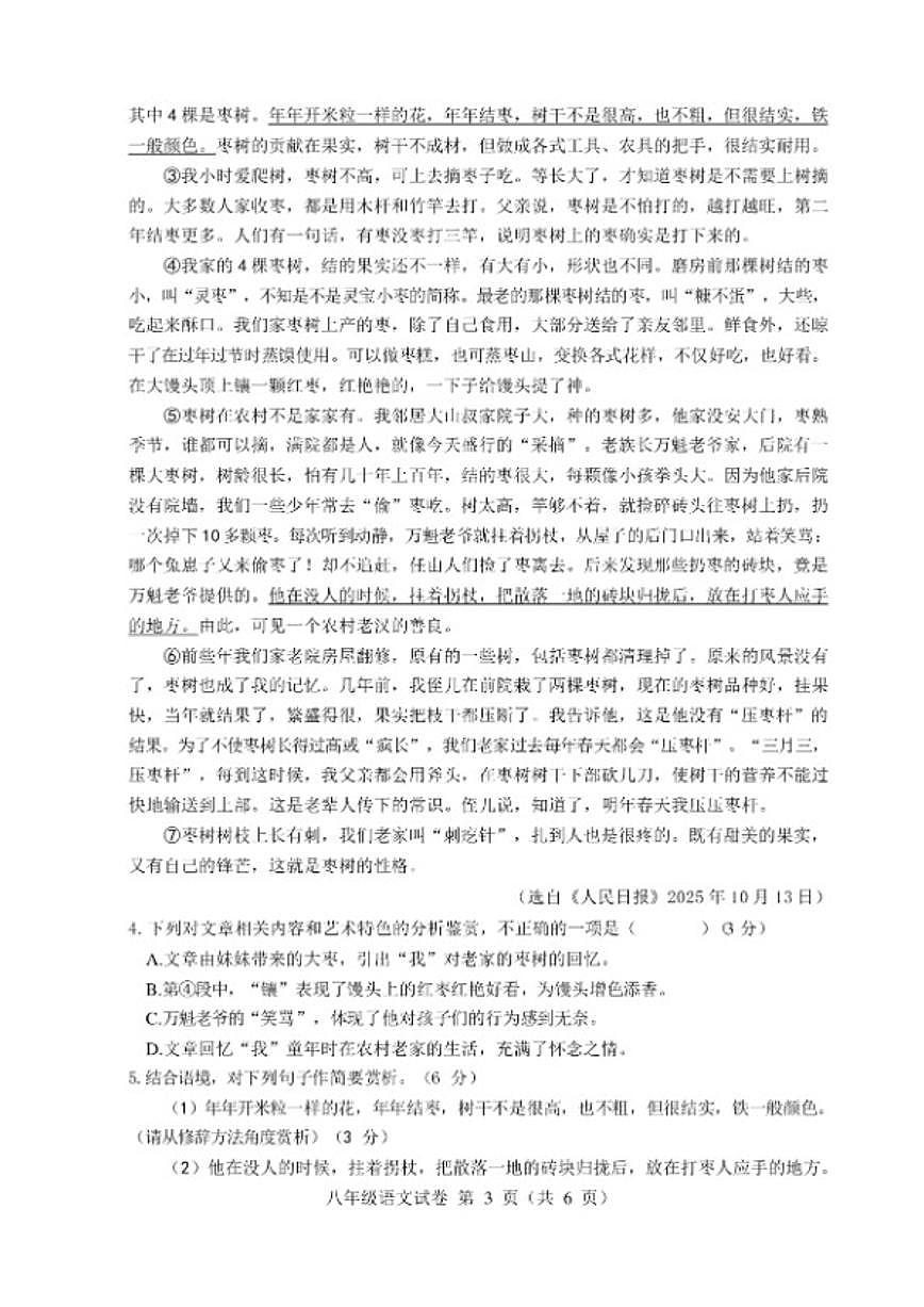 2025-2026学年安徽六安市舒城县度第一学期期末质量监测八年级语文试卷（含答案）第3页
