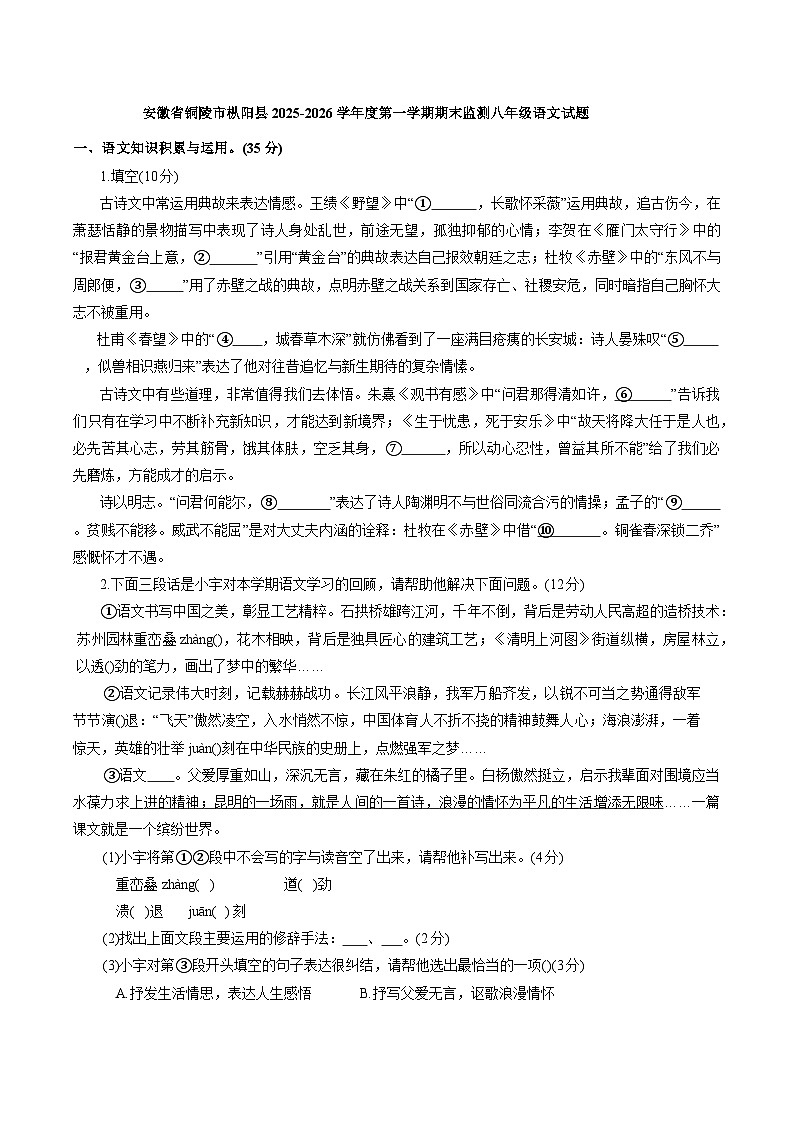 安徽省铜陵市枞阳县2025-2026学年度第一学期期末监测八年级语文试题（含答案）第1页