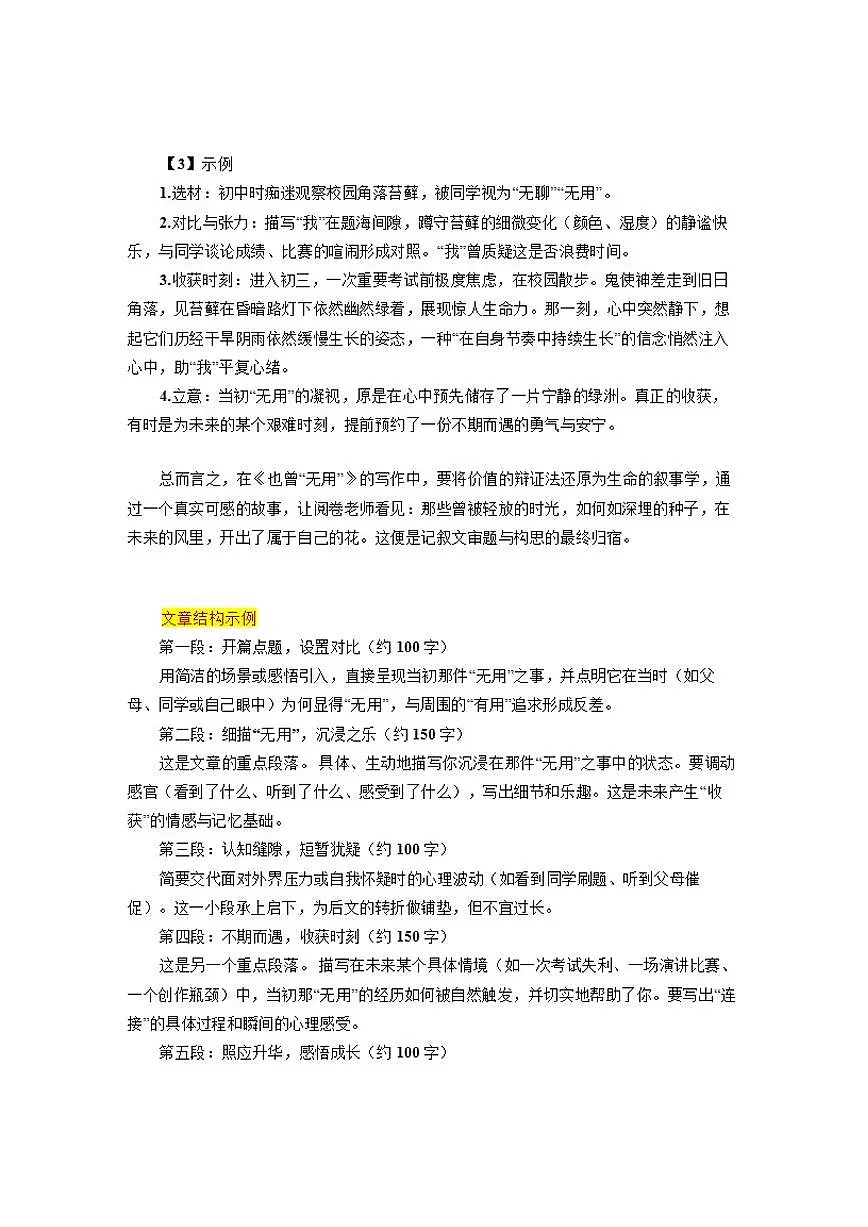 2026年上海市金山区中考一模“也曾‘无用’”语文作文写作解析、结构示例、范文欣赏（含解析）第3页