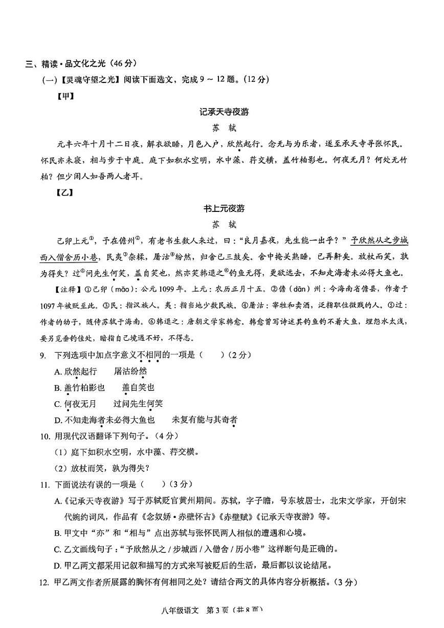 2024-2025学年广东深圳市33校联考八上期中语文及答案试卷（含答案）第3页