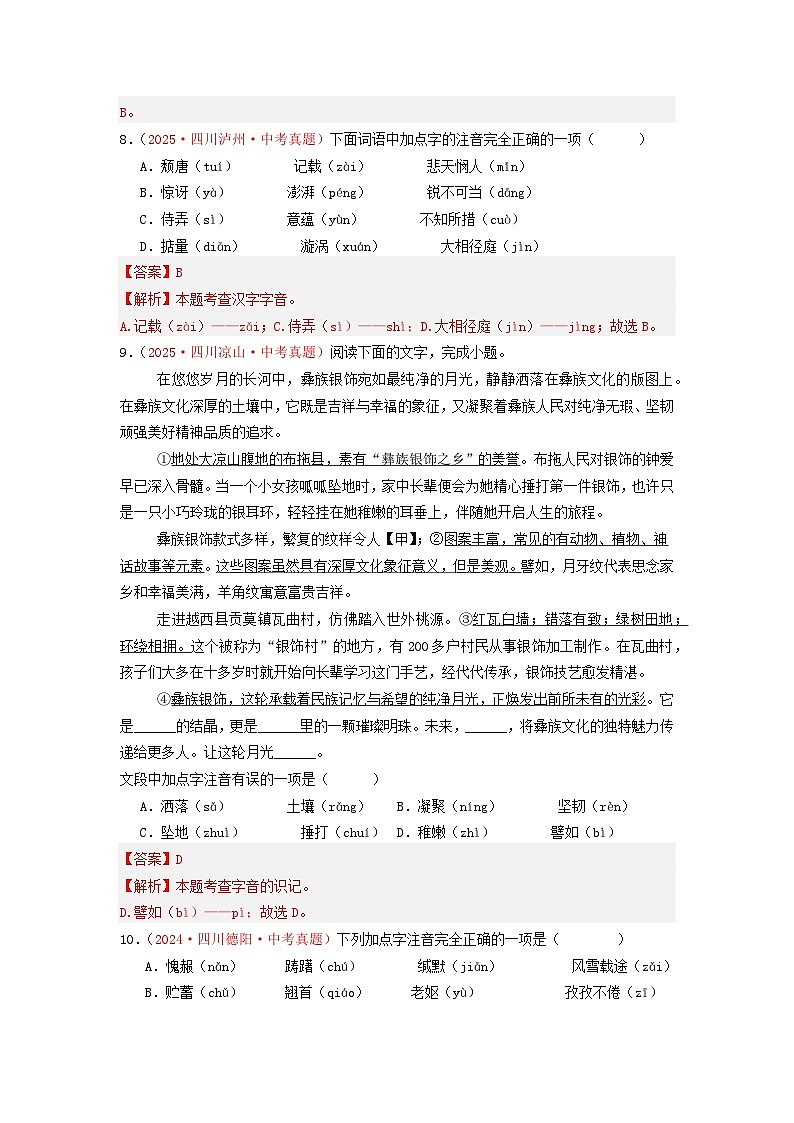 中考二轮复习真题练——字音篇（解析版）第3页