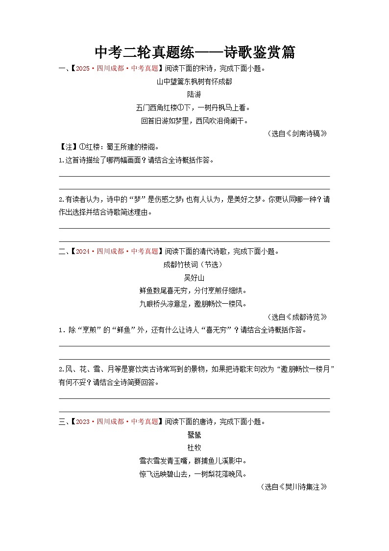 中考二轮复习真题练——诗歌鉴赏原卷版（成都专用）第1页