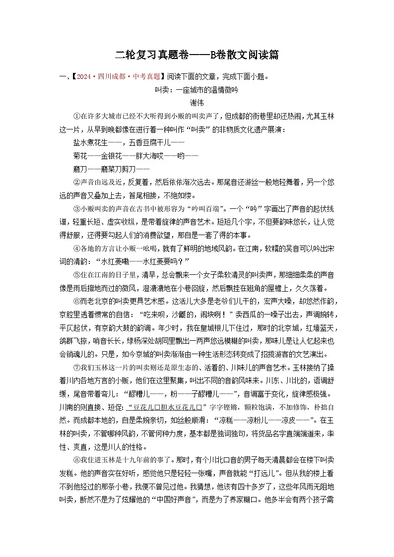 中考二轮复习真题练——B卷散文阅读篇（解析版）第1页