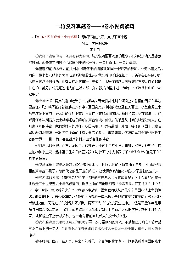 中考二轮复习真题练——B卷小说阅读篇（原卷版）第1页