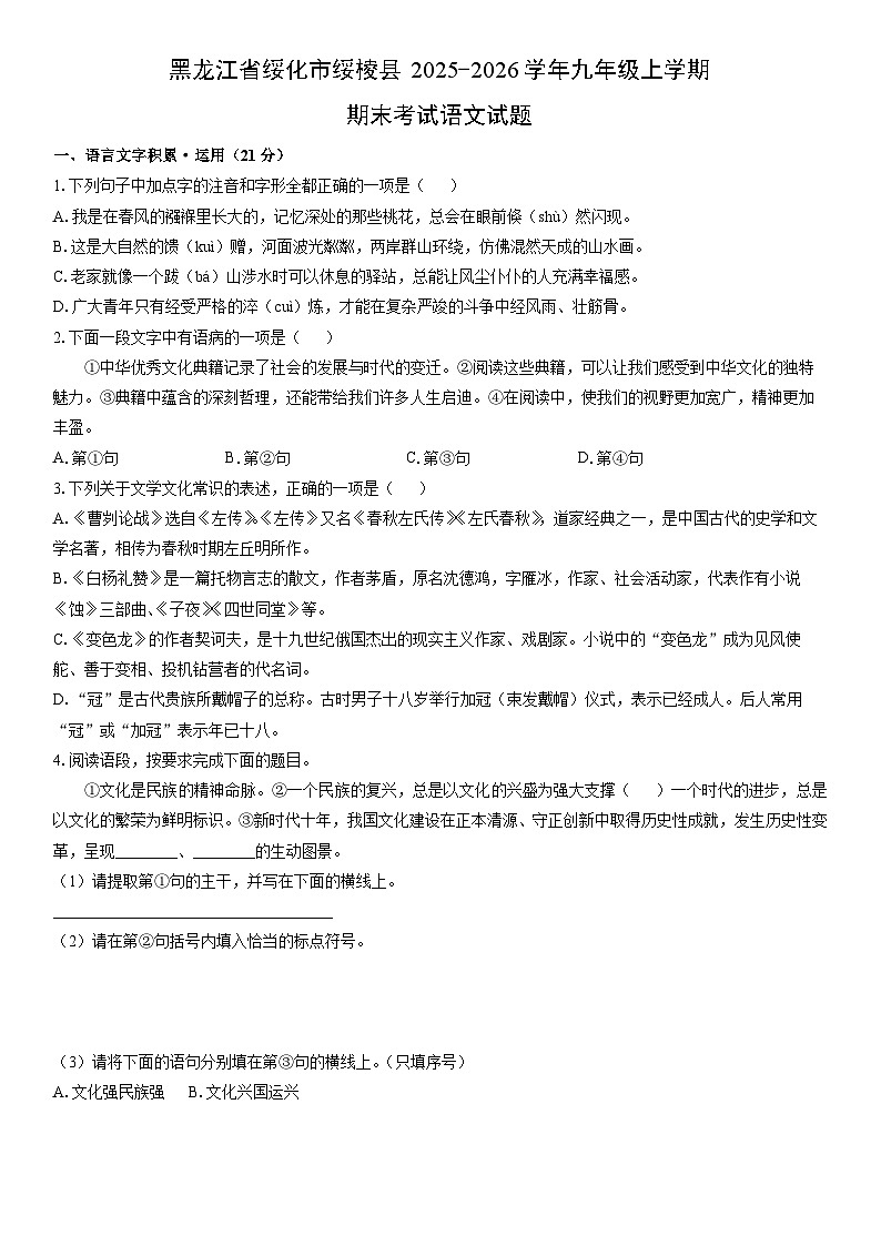 2025-2026学年黑龙江省绥化市绥棱县九年级上学期期末考试语文试卷（学生版）第1页