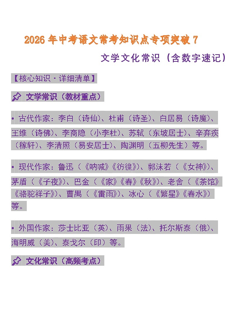 中考语文一轮复习：常考知识点专项专题7 文学文化常识第1页