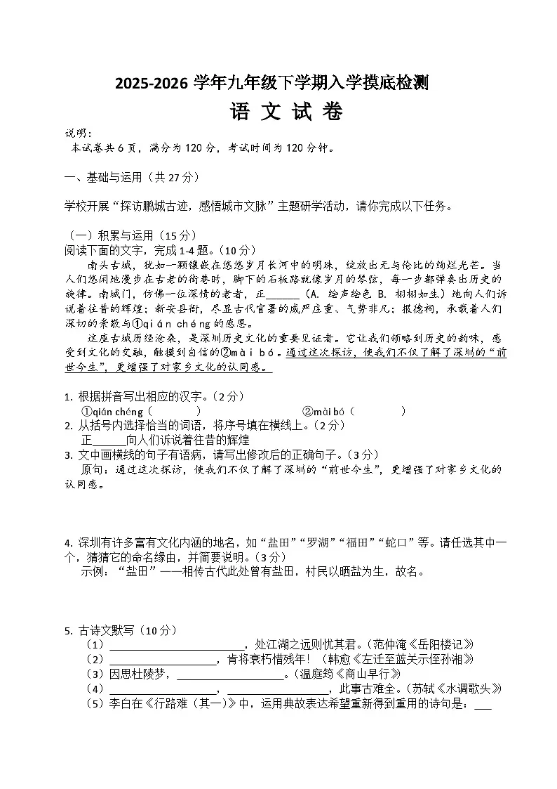 九年级语文下册 开学摸底考（原卷+答案解释）2025-2026学年第二学期 统编版第1页