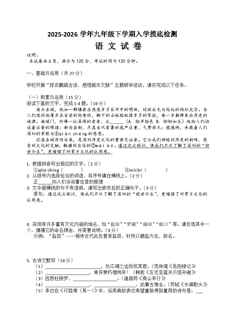 九年级语文下册 开学摸底考（原卷+答案解释）2025-2026学年第二学期 统编版第1页