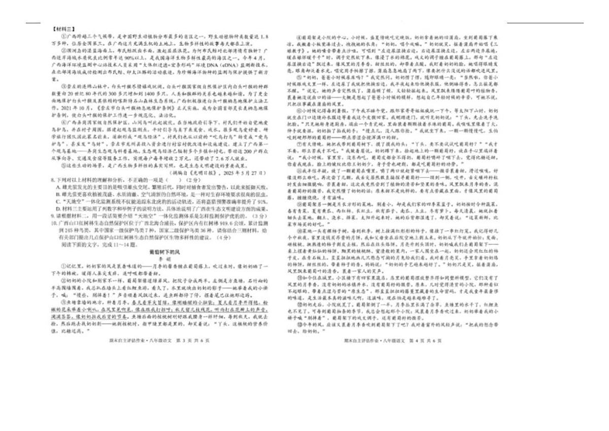2025-2026学年广西钦州市浦北县第三中学八年级上学期期末考试语文试卷（含答案）第2页