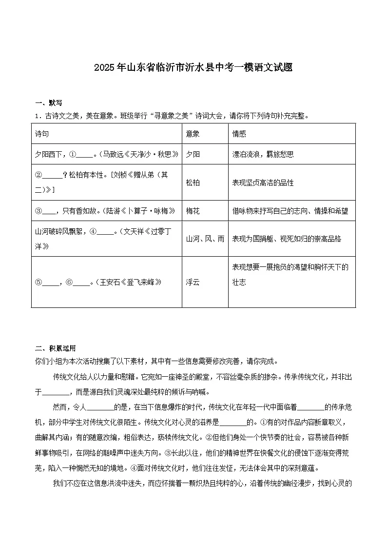 山东省临沂市沂水县2025届九年级中考一模语文试卷（含答案）第1页