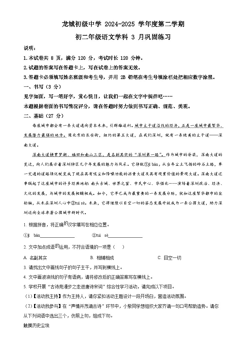 广东省深圳市龙岗区深圳市龙岗区龙城高级中学八年级下学期期中语文试题（原卷版）-A4第1页