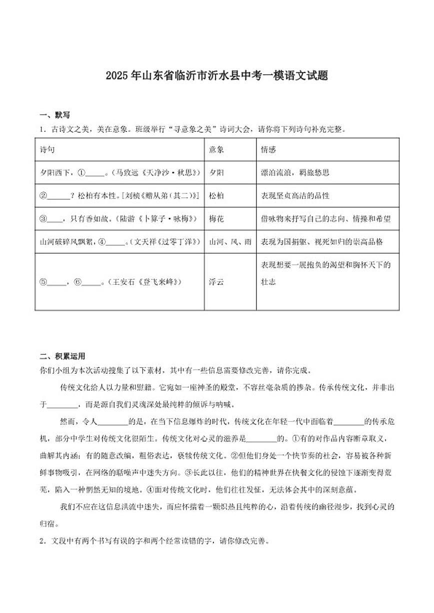2025届山东省临沂市沂水县九年级中考一模语文试卷（含答案）第1页