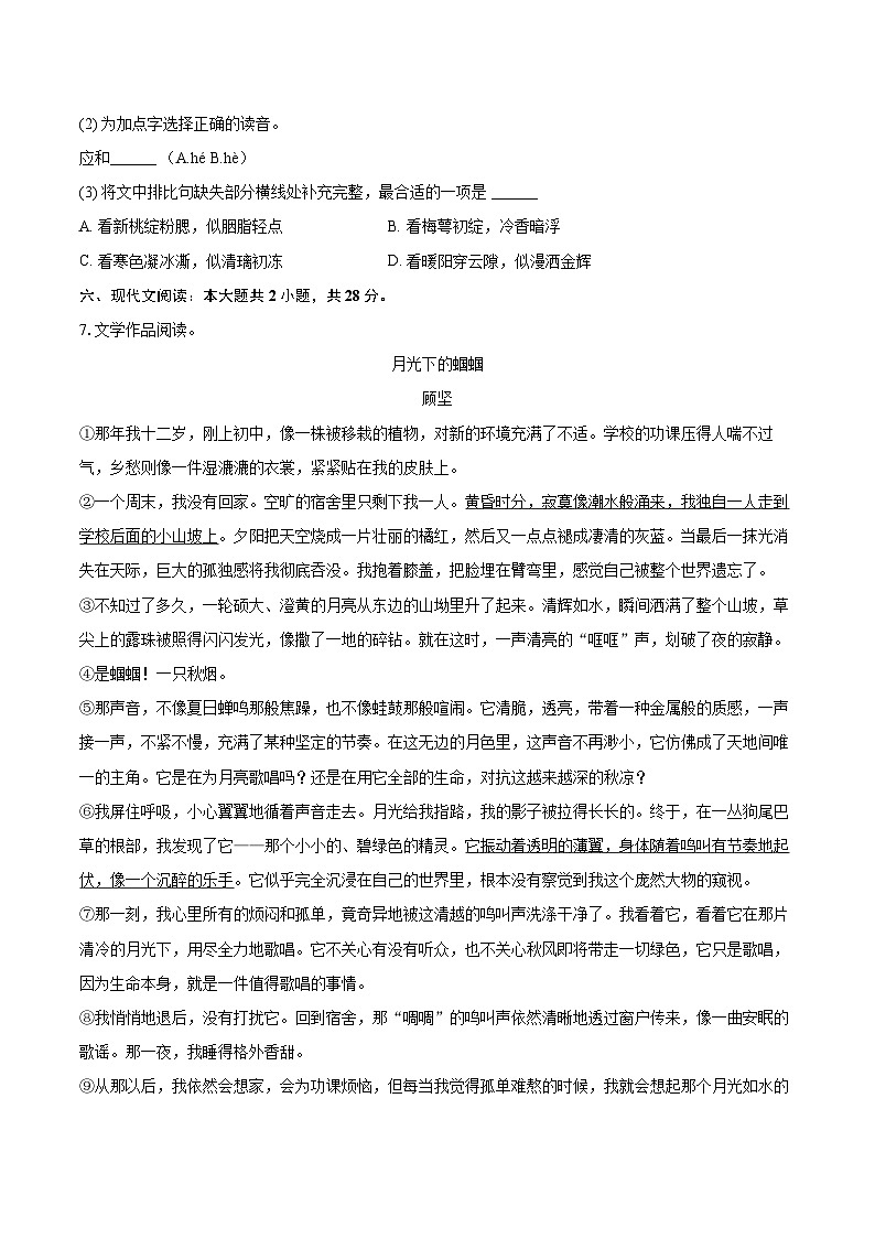 2025-2026学年浙江省台州市临海市七年级（上）期末语文试卷(含详细答案解析)第3页