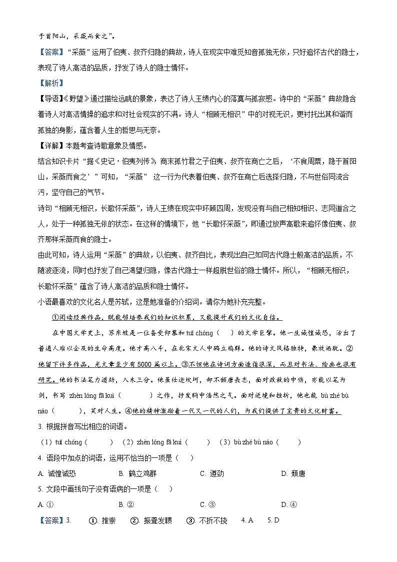 广东省东莞市长安实验中学八年级上学期期末语文试题（解析版）-A4第2页