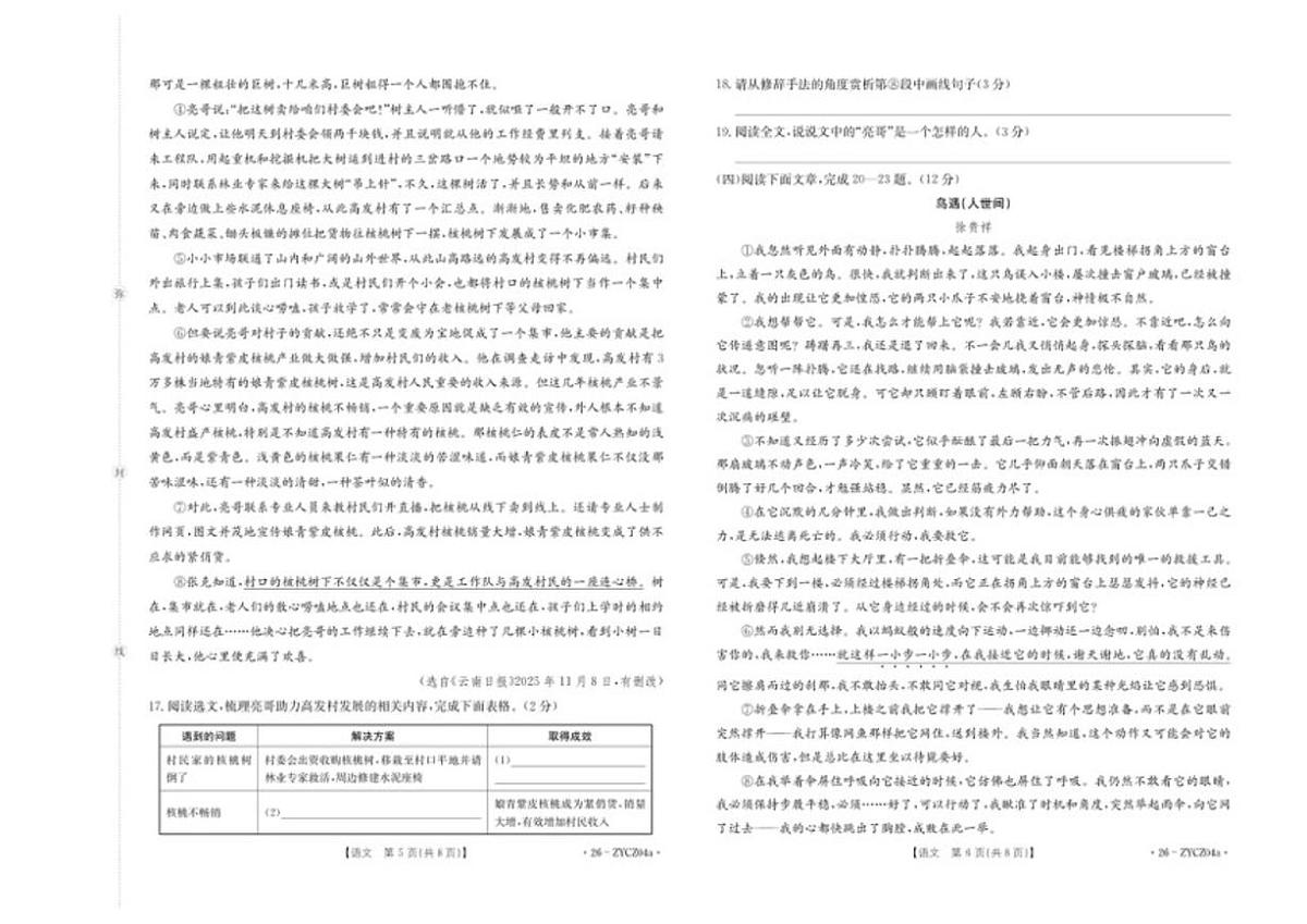 2025-2026学年云南省楚雄彝族自治州七年级上学期1月期末考试语文试题（含答案）第3页