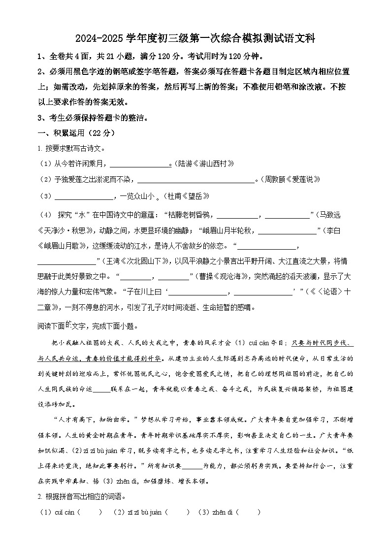 2025年广东省茂名市茂南区部分学校中考一模语文试题（原卷版）-A4第1页