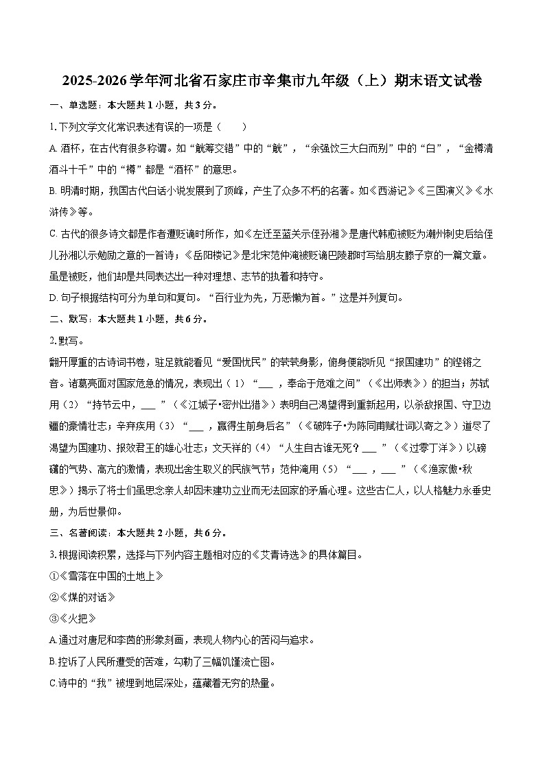 2025-2026学年河北省石家庄市辛集市九年级（上）期末语文试卷-自定义类型第1页
