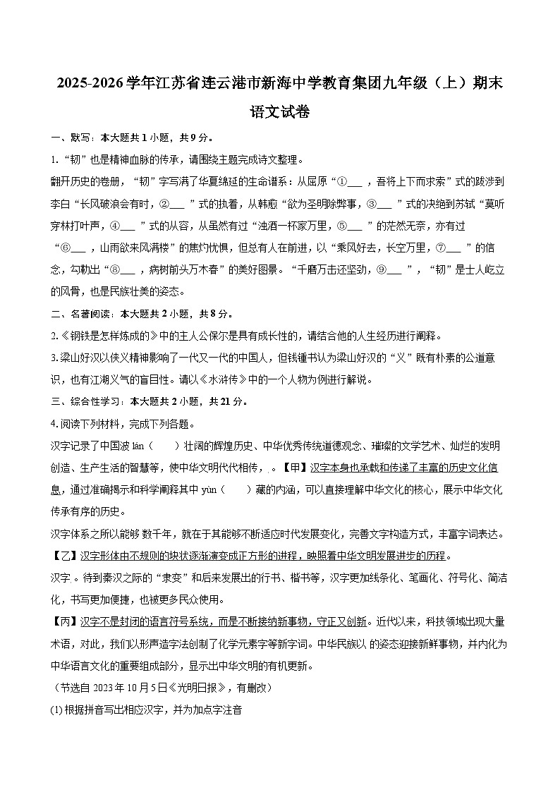 2025-2026学年江苏省连云港市新海中学教育集团九年级（上）期末语文试卷-自定义类型第1页