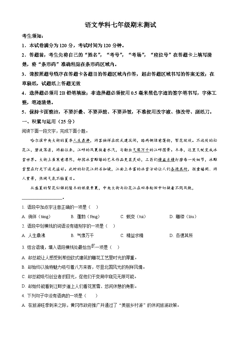 黑龙江省哈尔滨市道外区2025-2026学年七年级上学期期末语文试题（试卷+解析）第1页